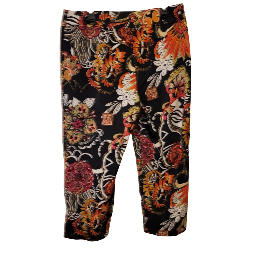Womens Black Multi Color Floral Print Cropped Pants Size Large